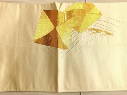 平和屋着物●太鼓柄袋帯　総刺繍　駒刺繍　流水雲取り文様　金糸　正絹　逸品　BAAO8968du