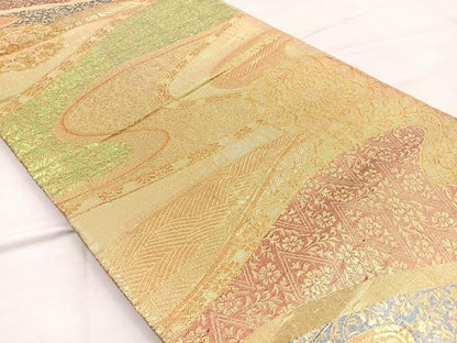 平和屋着物◎六通柄袋帯 錦乃 額縁仕立て 流水花文 金糸 正絹 逸品 BAAP0095if