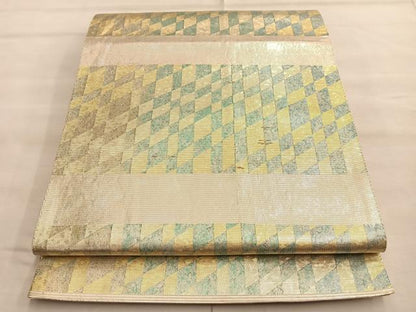 平和屋着物■太鼓柄袋帯 横段市松文様 引箔 正絹 逸品 BAAP0101du
