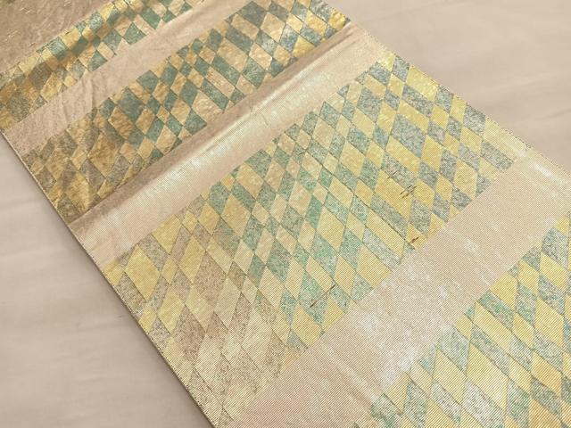 平和屋着物■太鼓柄袋帯 横段市松文様 引箔 正絹 逸品 BAAP0101du