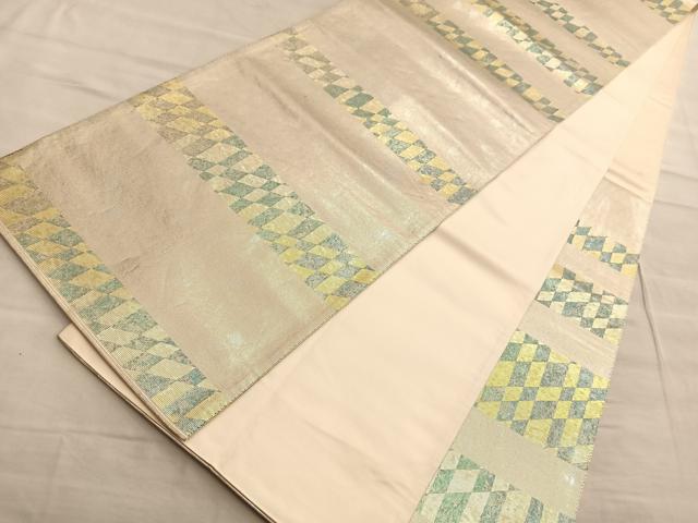 平和屋着物■太鼓柄袋帯 横段市松文様 引箔 正絹 逸品 BAAP0101du