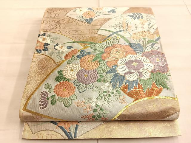 平和屋着物◎太鼓柄袋帯 唐織 地紙飾花文様 金銀糸 正絹 逸品 BAAP0161du