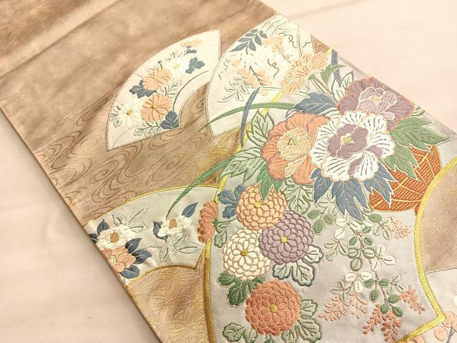 平和屋着物◎太鼓柄袋帯 唐織 地紙飾花文様 金銀糸 正絹 逸品 BAAP0161du