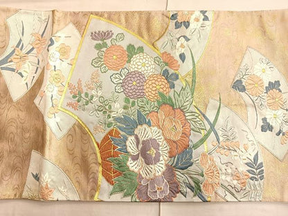 平和屋着物◎太鼓柄袋帯 唐織 地紙飾花文様 金銀糸 正絹 逸品 BAAP0161du