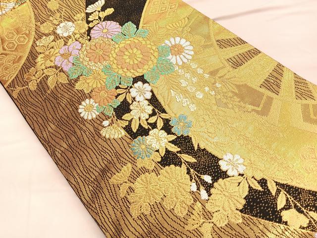平和屋着物◎六通柄袋帯 源氏車草花文 金糸 正絹 逸品 BAAP0184du
