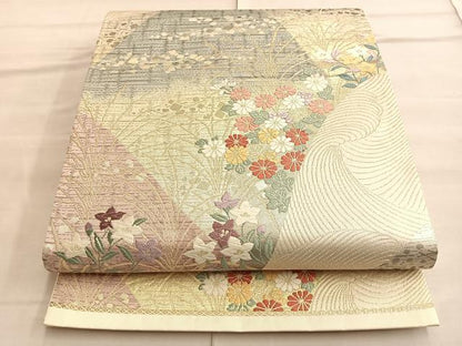平和屋着物◎六通柄袋帯 唐織 遠山草花文 金糸 正絹 逸品 BAAP0219du