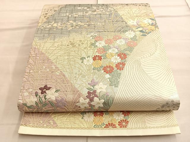平和屋着物◎六通柄袋帯 唐織 遠山草花文 金糸 正絹 逸品 BAAP0219du