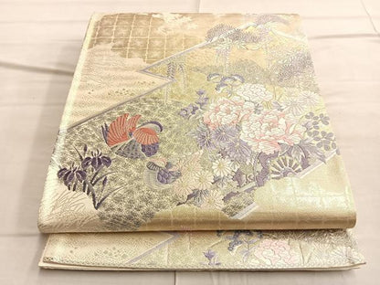 平和屋着物◎六通柄袋帯 唐織 鴛鴦花車文 プラチナ箔二重織り 正絹 逸品 BAAP0334du