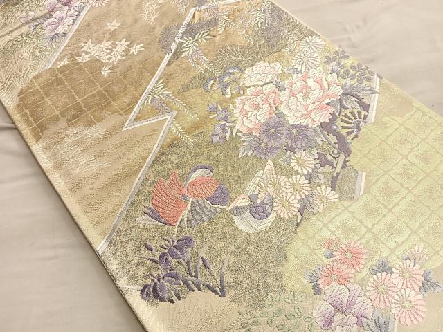 平和屋着物◎六通柄袋帯 唐織 鴛鴦花車文 プラチナ箔二重織り 正絹 逸品 BAAP0334du