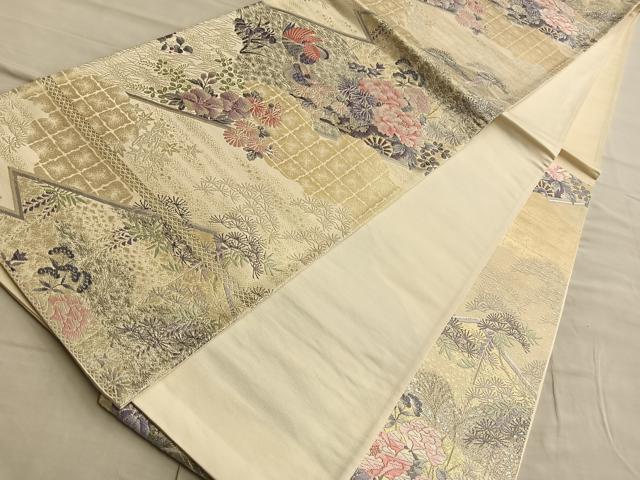 平和屋着物◎六通柄袋帯 唐織 鴛鴦花車文 プラチナ箔二重織り 正絹 逸品 BAAP0334du