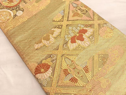 平和屋着物◎六通柄袋帯 唐織 菱天井双鶴草花文 金糸 正絹 逸品 BAAP0374du