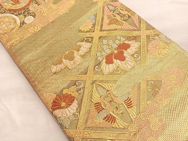 平和屋着物◎六通柄袋帯 唐織 菱天井双鶴草花文 金糸 正絹 逸品 BAAP0374du