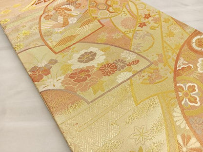 平和屋着物◎佐賀錦 六通柄袋帯 熨斗地紙花鳥文 金糸 正絹 逸品 BAAP1811ea