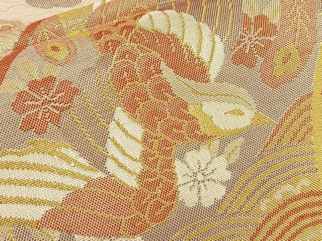 平和屋着物◎佐賀錦 六通柄袋帯 熨斗地紙花鳥文 金糸 正絹 逸品 BAAP1811ea