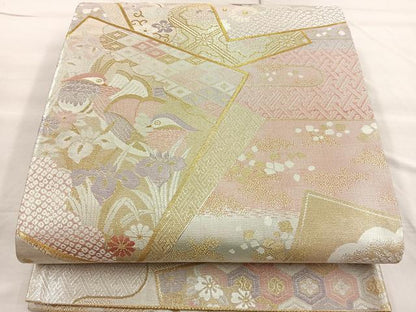 平和屋着物◎佐賀錦 六通柄袋帯 色紙重ね御所車花鳥文 金銀糸 正絹 逸品 BAAP1812ea