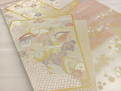 平和屋着物◎佐賀錦 六通柄袋帯 色紙重ね御所車花鳥文 金銀糸 正絹 逸品 BAAP1812ea