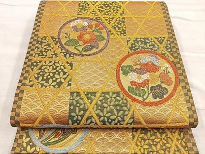 平和屋着物◎六通柄袋帯 間垣花丸文 金糸 正絹 逸品 BAAP1822ea