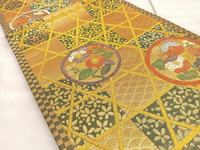 平和屋着物◎六通柄袋帯 間垣花丸文 金糸 正絹 逸品 BAAP1822ea