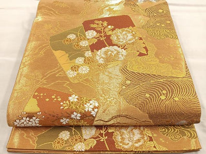 平和屋着物◎六通柄袋帯 唐織 織巧 色紙花文 金糸 正絹 逸品 BAAP1825ea