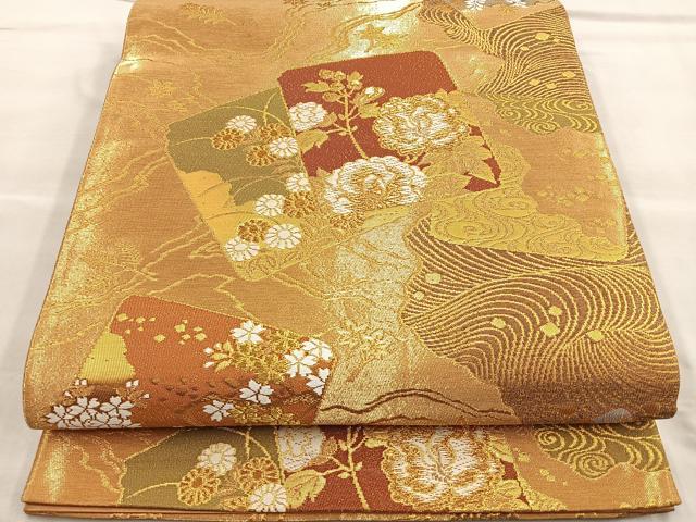 平和屋着物◎六通柄袋帯 唐織 織巧 色紙花文 金糸 正絹 逸品 BAAP1825ea