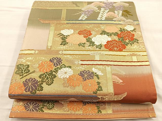 平和屋着物◎六通柄袋帯 唐織 違い棚有職松花文 金糸 正絹 逸品 BAAP1865ea