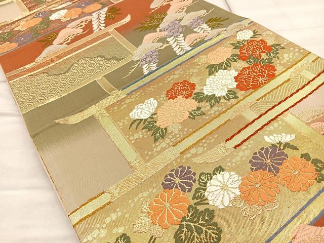 平和屋着物◎六通柄袋帯 唐織 違い棚有職松花文 金糸 正絹 逸品 BAAP1865ea