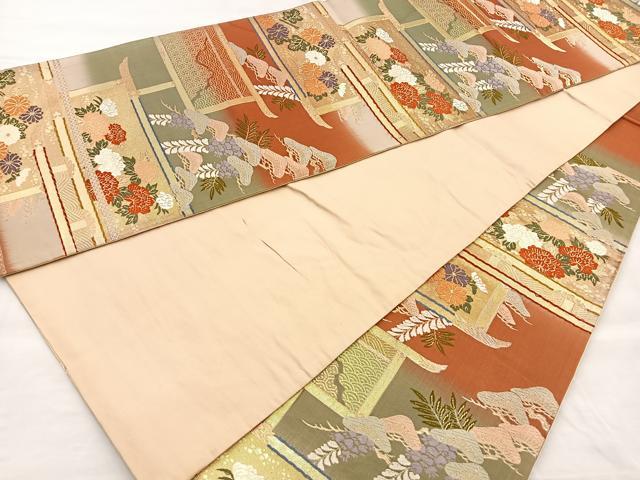 平和屋着物◎六通柄袋帯 唐織 違い棚有職松花文 金糸 正絹 逸品 BAAP1865ea
