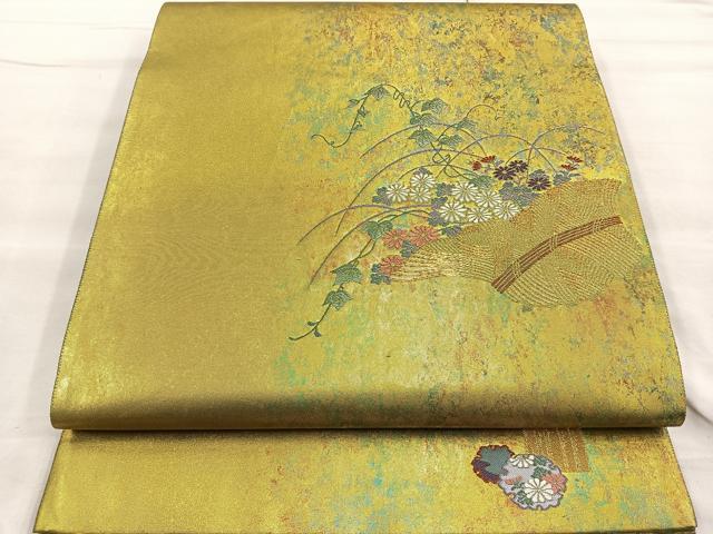 平和屋着物◎太鼓柄袋帯 唐織 花籠文 金糸 引箔 反端付き 正絹 逸品 BAAP1895ea