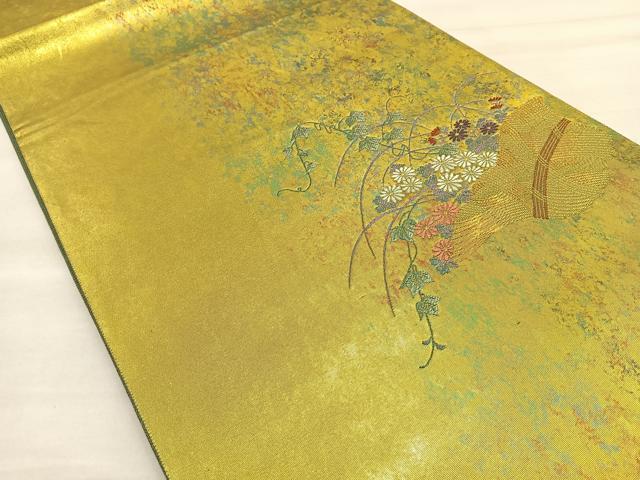 平和屋着物◎太鼓柄袋帯 唐織 花籠文 金糸 引箔 反端付き 正絹 逸品 BAAP1895ea