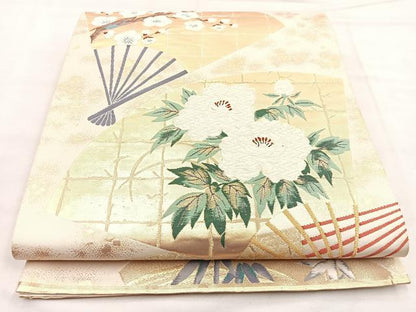 平和屋着物◎六通柄袋帯 唐織 扇面花文 金糸 正絹 逸品 BAAP2336if