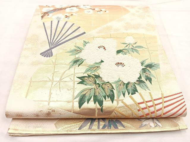 平和屋着物◎六通柄袋帯 唐織 扇面花文 金糸 正絹 逸品 BAAP2336if