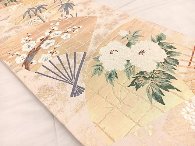 平和屋着物◎六通柄袋帯 唐織 扇面花文 金糸 正絹 逸品 BAAP2336if