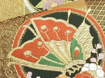 平和屋着物◎六通柄袋帯 唐織 光琳松花蝶丸文 黒地 金糸 鈴乃屋扱い 正絹 逸品 BAAP4148ea
