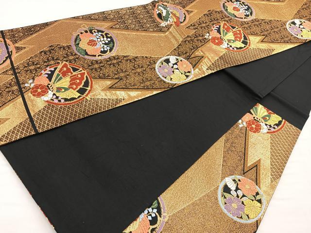 平和屋着物◎六通柄袋帯 唐織 光琳松花蝶丸文 黒地 金糸 鈴乃屋扱い 正絹 逸品 BAAP4148ea