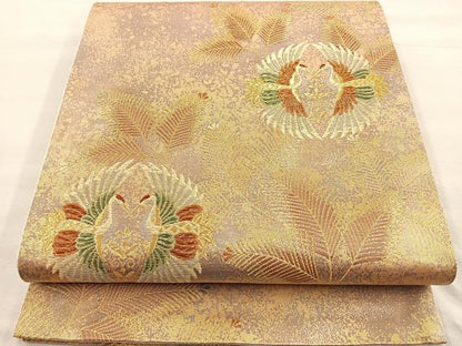 平和屋着物◎六通柄袋帯 双鶴若松葉文 金糸 正絹 逸品 BAAP4150ea