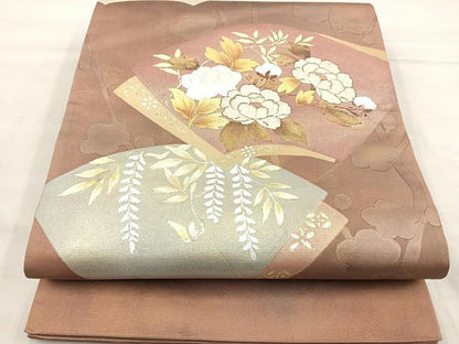 平和屋着物◎太鼓柄袋帯　駒刺繍　地紙重ね花文　金銀彩　正絹　逸品　BAAP4186ea