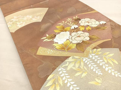 平和屋着物◎太鼓柄袋帯　駒刺繍　地紙重ね花文　金銀彩　正絹　逸品　BAAP4186ea