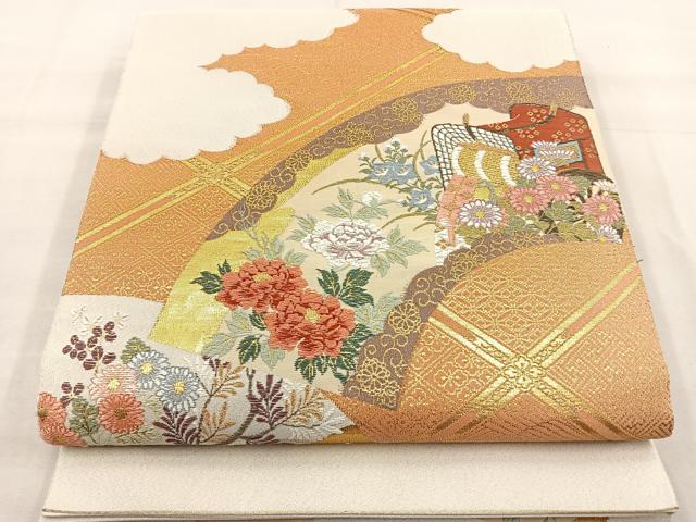 平和屋着物◎西陣 橋本テル織物謹製 太鼓柄袋帯 唐織 地紙御所車花文 金糸 正絹 逸品 BAAP4197ea
