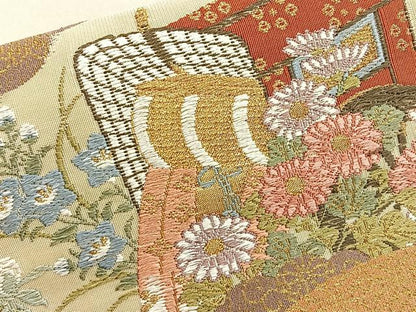 平和屋着物◎西陣 橋本テル織物謹製 太鼓柄袋帯 唐織 地紙御所車花文 金糸 正絹 逸品 BAAP4197ea