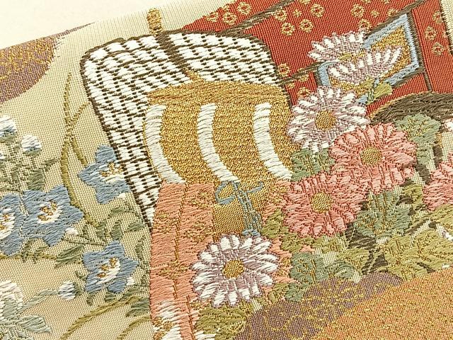 平和屋着物◎西陣 橋本テル織物謹製 太鼓柄袋帯 唐織 地紙御所車花文 金糸 正絹 逸品 BAAP4197ea