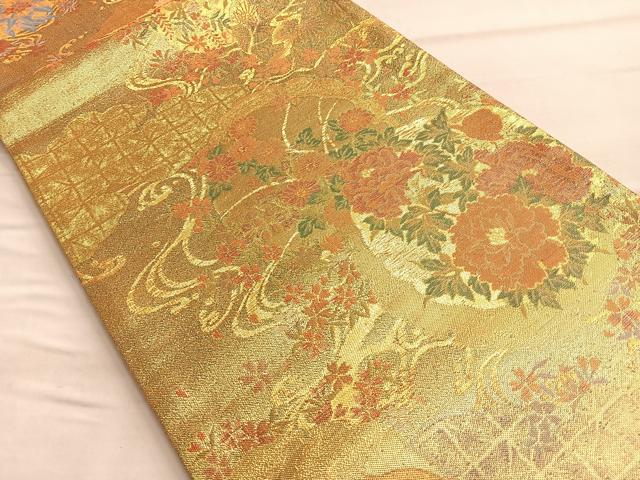 平和屋着物◎佐賀錦 六通柄袋帯 流水草花文 金糸 正絹 逸品 BAAQ4046du