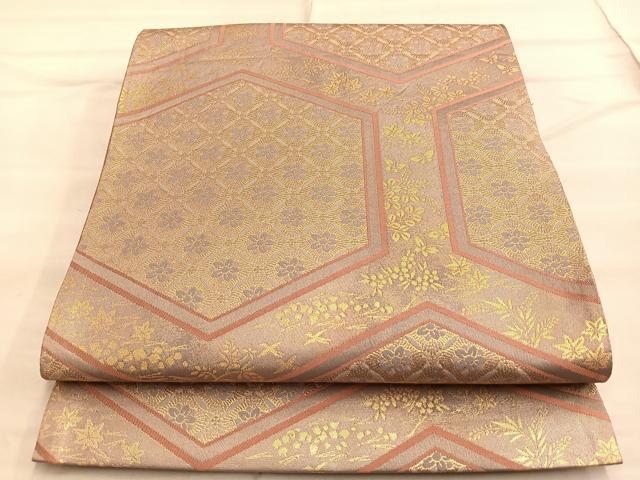 平和屋着物◎六通柄袋帯 亀甲草花文 金糸 正絹 逸品 BAAQ4072du