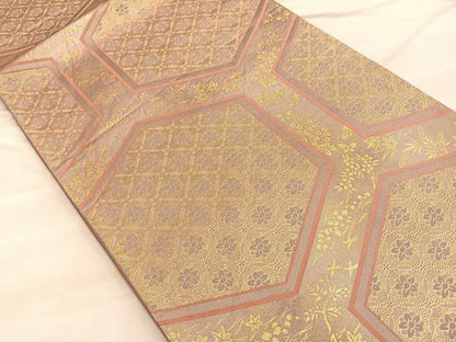 平和屋着物◎六通柄袋帯 亀甲草花文 金糸 正絹 逸品 BAAQ4072du