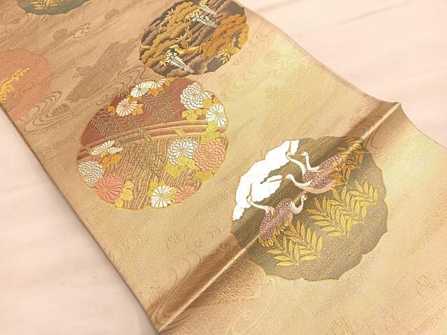 平和屋着物◎六通柄袋帯 飛鶴渡橋花文 金銀糸 正絹 逸品 BAAQ4081du