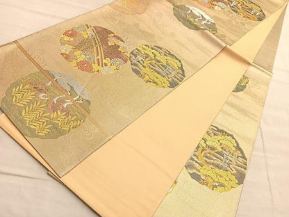 平和屋着物◎六通柄袋帯 飛鶴渡橋花文 金銀糸 正絹 逸品 BAAQ4081du