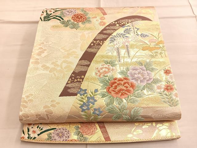 平和屋着物◎六通柄袋帯 唐織 遠山草花文 金糸 正絹 逸品 BAAQ4140du