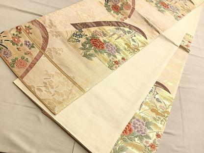 平和屋着物◎六通柄袋帯 唐織 遠山草花文 金糸 正絹 逸品 BAAQ4140du