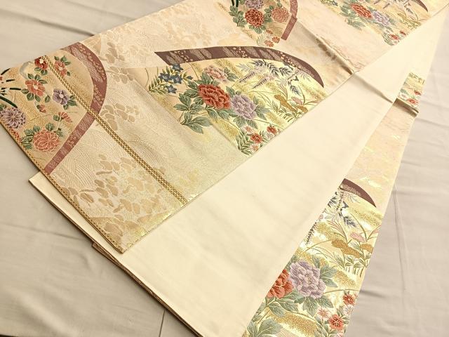 平和屋着物◎六通柄袋帯 唐織 遠山草花文 金糸 正絹 逸品 BAAQ4140du