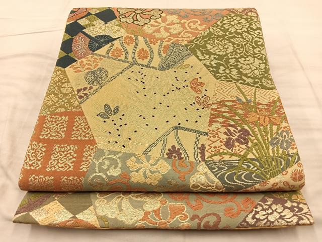 平和屋着物■六通柄袋帯　唐織　切嵌風景文　金銀糸　正絹　逸品　BAAQ4189du