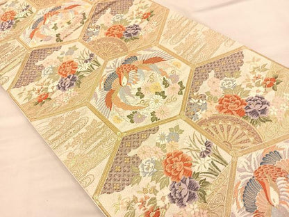 平和屋着物◎六通柄袋帯 唐織 亀甲鳳凰小袖 金糸 正絹 逸品 BAAQ4251du